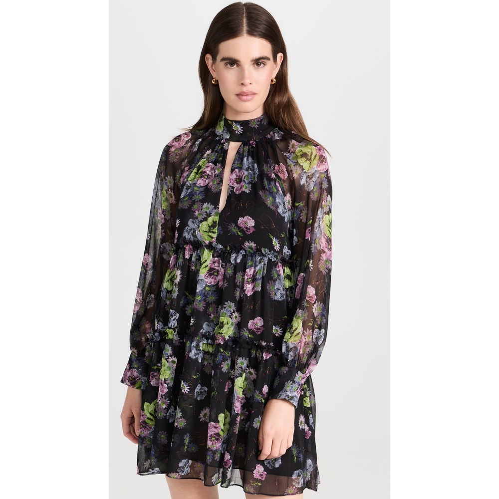 NWT‎ Cinq a Sept Midnight Bloom Revina Dress Size 12 Dark Floral Tie Neck Tiered